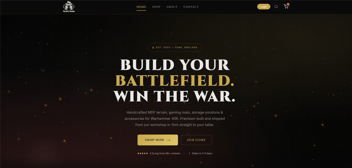 The Dice Tavern homepage, handcrafted dice e-commerce store