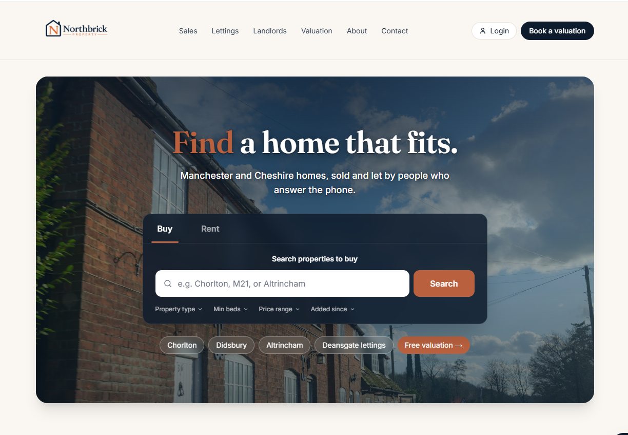 Northbrick Property homepage, Find a home that fits, Manchester and Cheshire estate agency