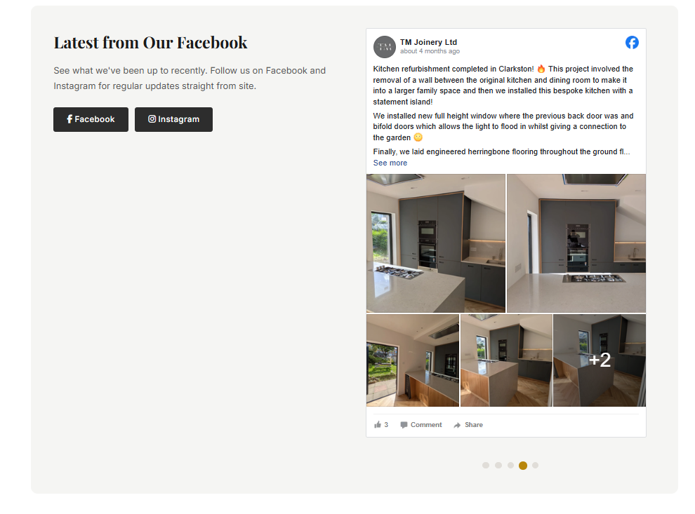 TM Joinery website showing live Facebook feed integration with recent project posts