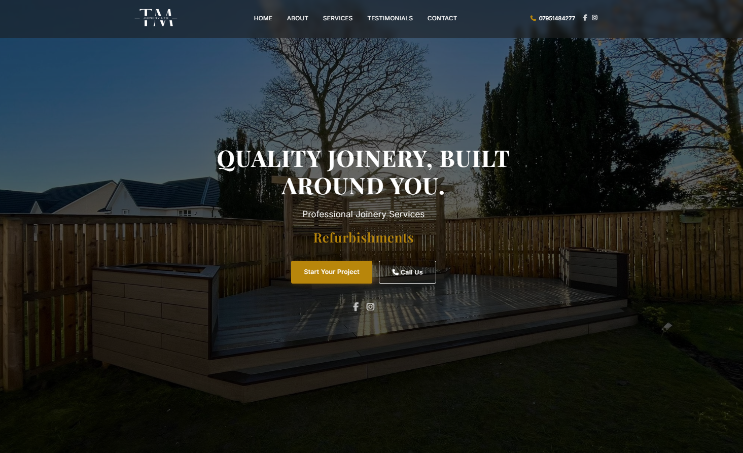 TM Joinery homepage showing hero banner with professional joinery photography